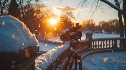 Telescope on tripod in snowy landscape at winter sunrise for astronomy enthusiasts