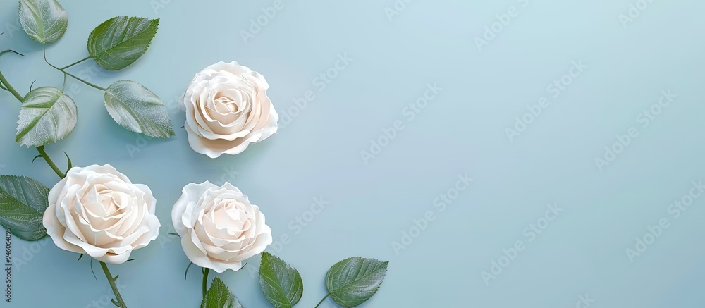 Canvas Prints Delicate roses on a blue backdrop Template for a wedding invitation Horizontal floral banner Copyspace