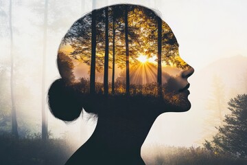 Captivating silhouette of a woman with a forest landscape and sunrise nestled within, embodying tranquility and nature's beauty in perfect harmony. Fall background.