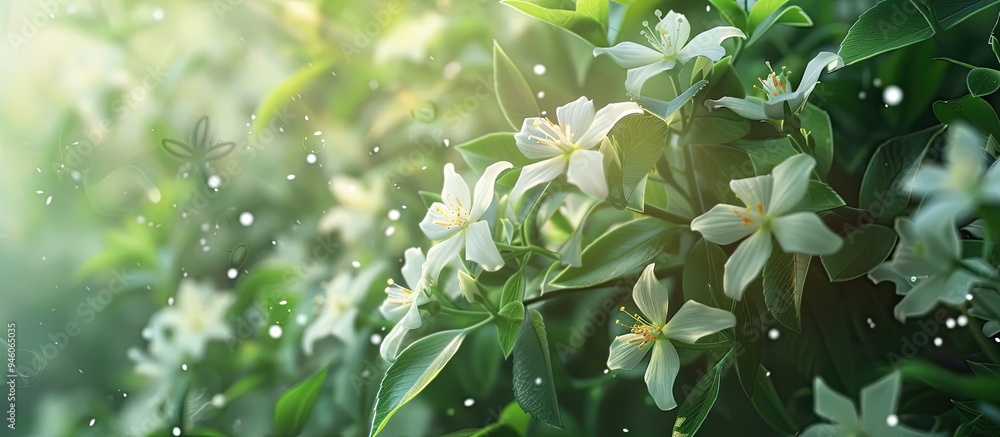 Poster jasmine blooms in the garden. copy space image. place for adding text and design