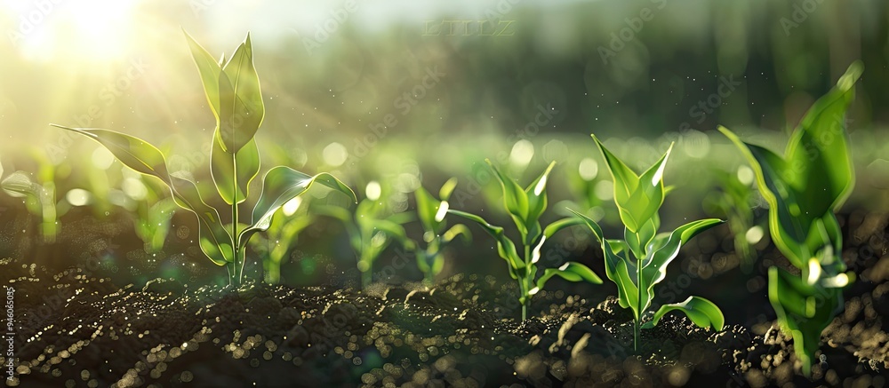 Poster young corn plants developing in the field on a sunny day with selective focus. copy space image. pla