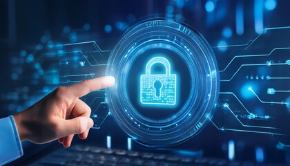 High-Tech Cybersecurity Visuals with Floating Digital Symbols and Interactive Elements