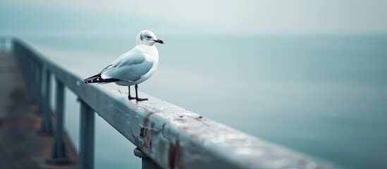 A migratory seagull perches on the concrete railing of a bridge by the sea with a blurred backdrop. Copy space image. Place for adding text and design