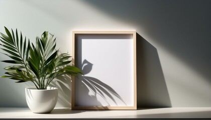 Minimalist scene with blank frame, potted plant, and delicate shadows.