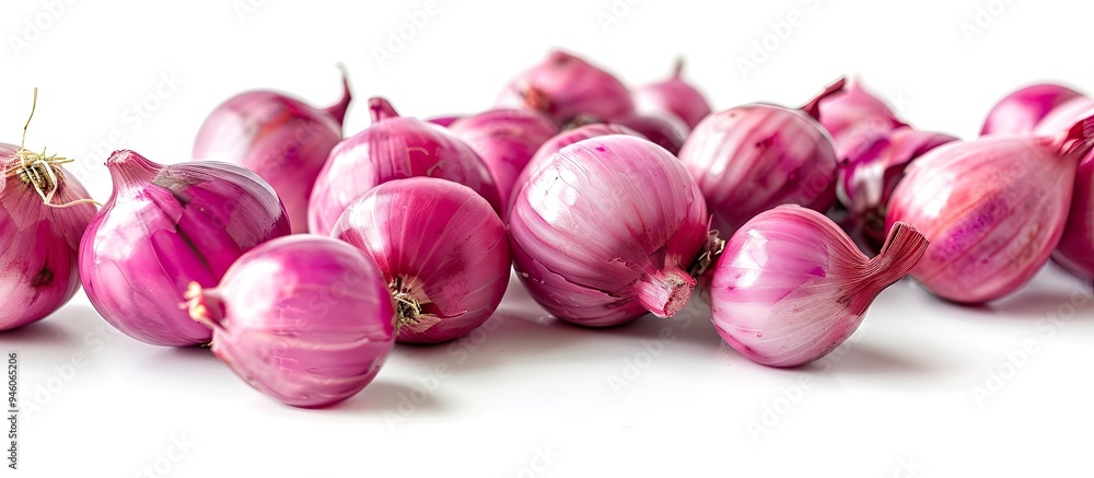Poster group of pink onions on a white background multiple peeled shiny onions isolated food backdrop. copy
