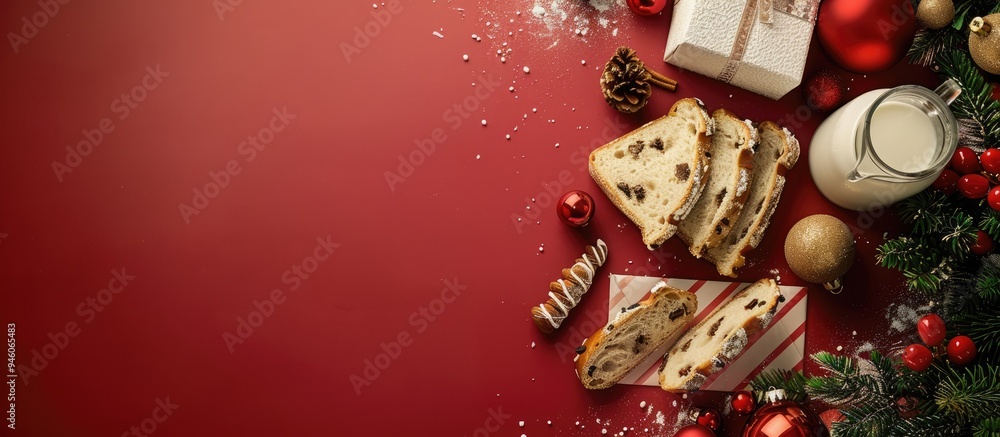 Poster empty letter and treat for santa with slices of stollen and a bottle of milk on red top view. copy s