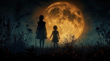 Two Silhouetted Figures Standing Before a Giant Moon