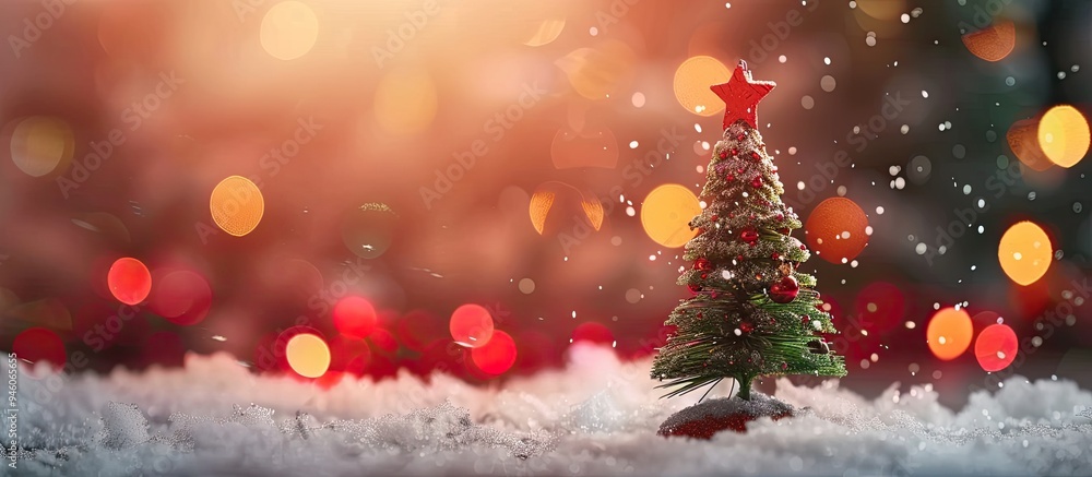 Poster miniature christmas tree decoration with a bokeh background. copy space image. place for adding text
