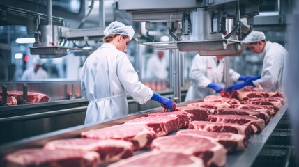 Production line in the food factory.Factory for the production of food from meat.Industrial equipment at a meat factory.Automated production line in modern food factory.People working..