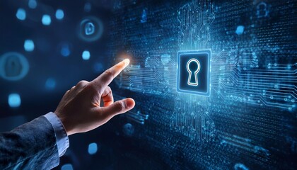 High-Tech Cybersecurity Visuals with Floating Digital Symbols and Interactive Elements