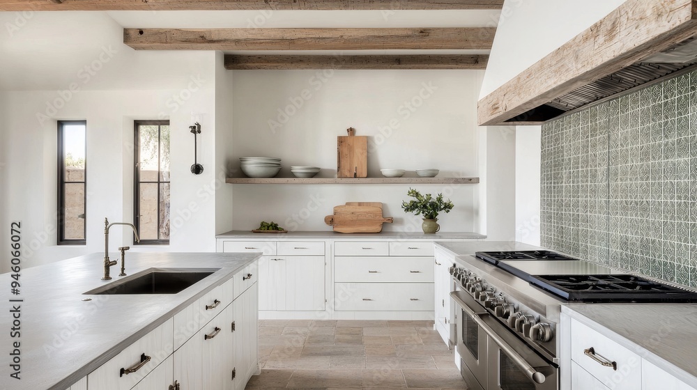 Wall mural a rustic farmhouse kitchen with a tile backsplash made of hand-painted tiles in earthy tones, featur