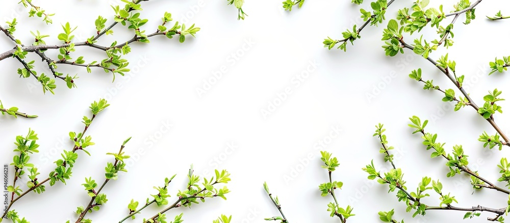 Poster frame made from young spring shoots of an elm tree against a white background top view flat lay spac