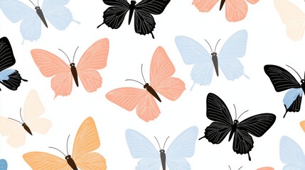 A seamless pattern of delicate butterflies in pastel colors, fluttering across a light background