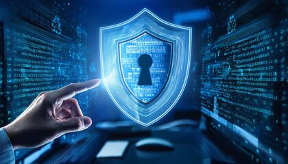 High-Tech Cybersecurity Visuals with Floating Digital Symbols and Interactive Elements