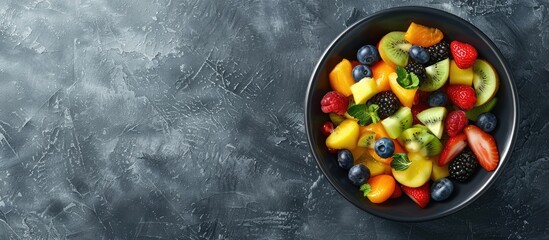 Bowl of fresh healthy fruit salad on a grey background Panorama banner with copyspace