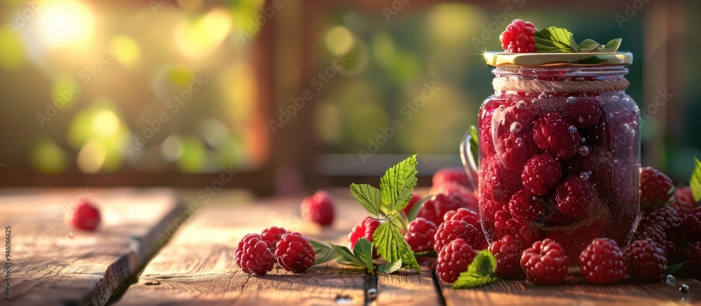 Poster jar of tasty raspberry jam and fresh berries on a wooden table closeup room for text. copy space ima