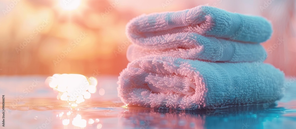 Poster stack of clean soft towels with a blurred background. copy space image. place for adding text and de