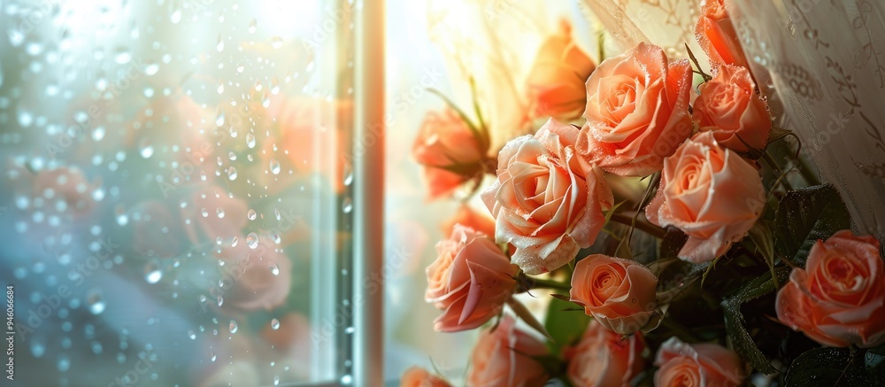 Poster bouquet of roses by the window with curtains. copy space image. place for adding text and design