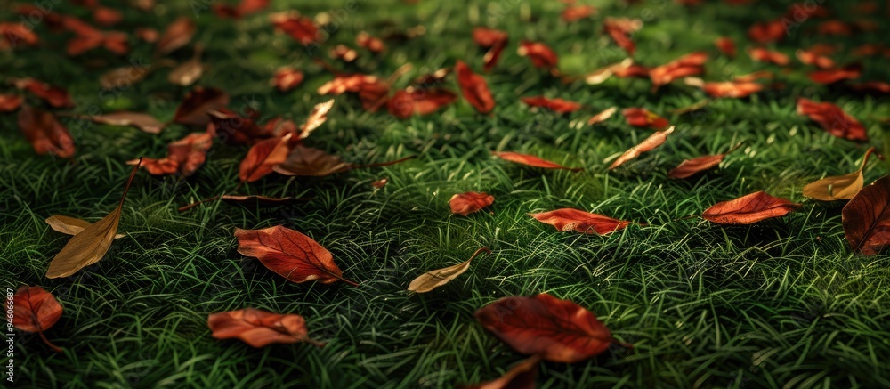 Poster leaves that have fallen on grass. Copy space image. Place for adding text and design