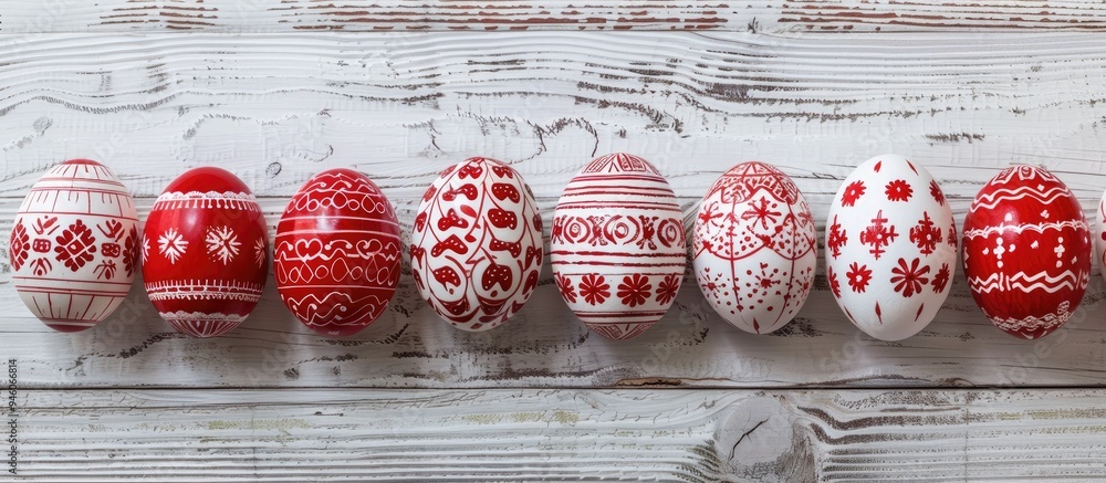Poster a row of handmade wax dyed easter eggs in red and white a ukrainian pysanka frame on a white wooden 