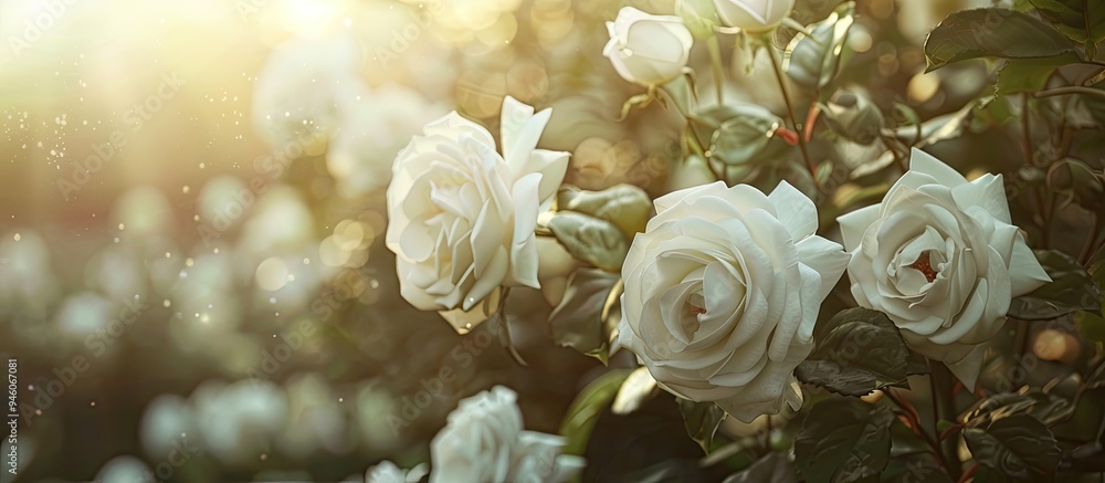 Aufkleber white roses in the garden. copy space image. place for adding text and design