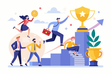 Growth to success, team achievement or teamwork to achieve target, career development or business strategy to win or victory, growing business concept, business people running up graph to trophy. 
