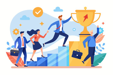 Growth to success, team achievement or teamwork to achieve target, career development or business strategy to win or victory, growing business concept, business people running up graph to trophy. 
