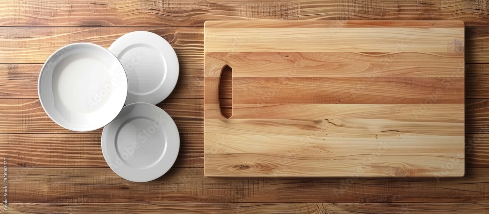 Poster empty white dishes are placed on a wooden table alongside a cutting board. copy space image. place f