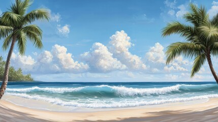 A tropical beach scene with palm trees, a sandy shore, and gentle waves in the background