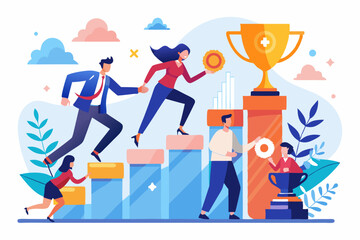 Growth to success, team achievement or teamwork to achieve target, career development or business strategy to win or victory, growing business concept, business people running up graph to trophy. 
