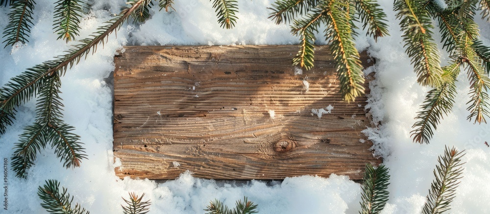 Poster wooden board on the snow with branches from a christmas tree. copy space image. place for adding tex
