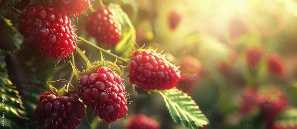 Poster ripe raspberries on a bush close up. copy space image. place for adding text and design