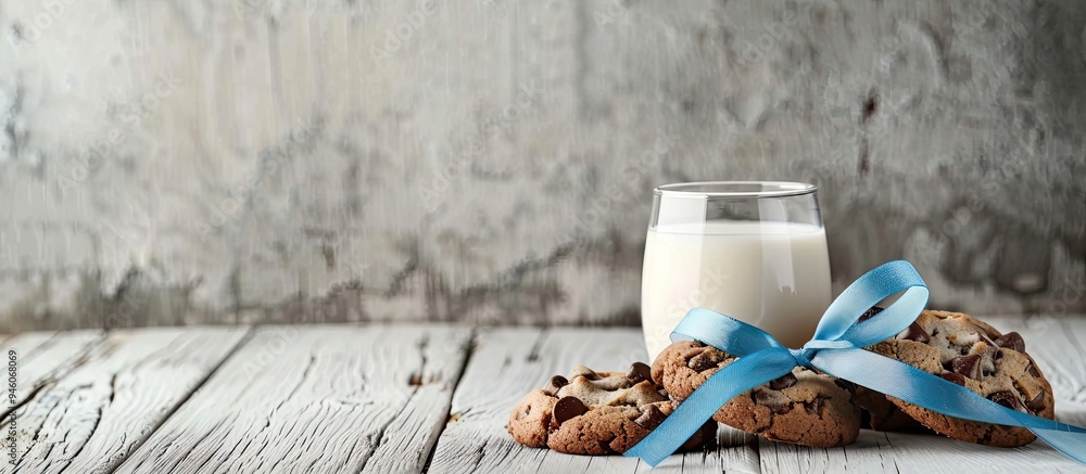 Poster chocolate chip cookies adorned with a blue ribbon alongside a glass of milk on a white wooden table 