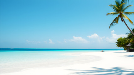 A tropical beach with crystal-clear turquoise waters and white sand