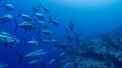 Fototapeta premium A school of majestic silver tuna elegantly swims through the depths of a blue ocean