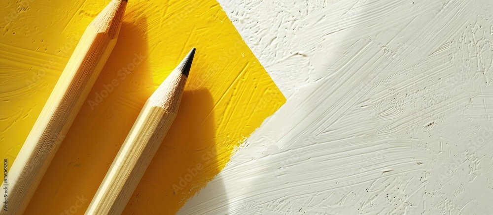 Poster minimalist template featuring copy space with a top view close up macro photo of a wooden yellow pen