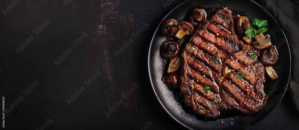 Sticker Juicy grilled steak with mushrooms on a plate Meat dish. Copy space image. Place for adding text and design