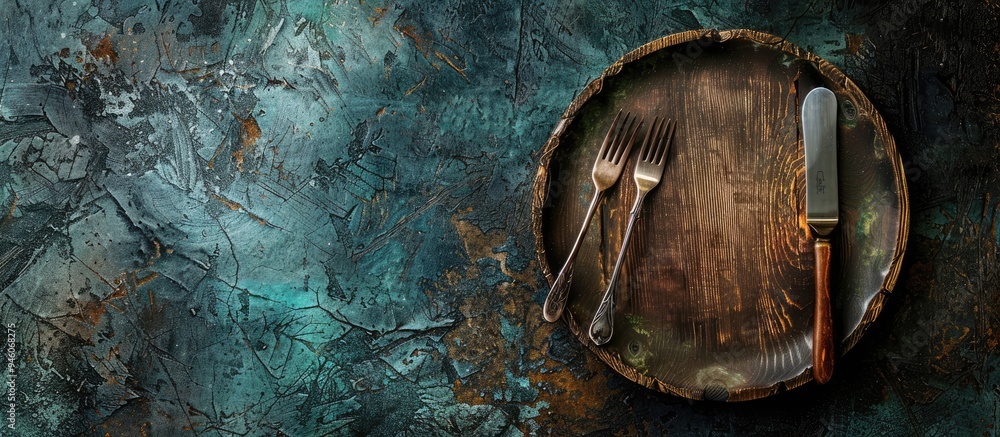 Aufkleber empty round wooden plate and cutlery set against a textured grunge background. copy space image. pla