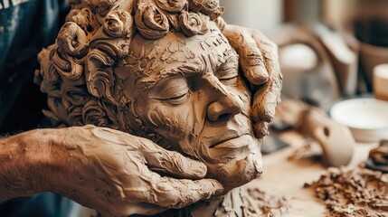 Naklejka premium A close-up of a sculptorâ€™s hands shaping clay into a detailed figure.