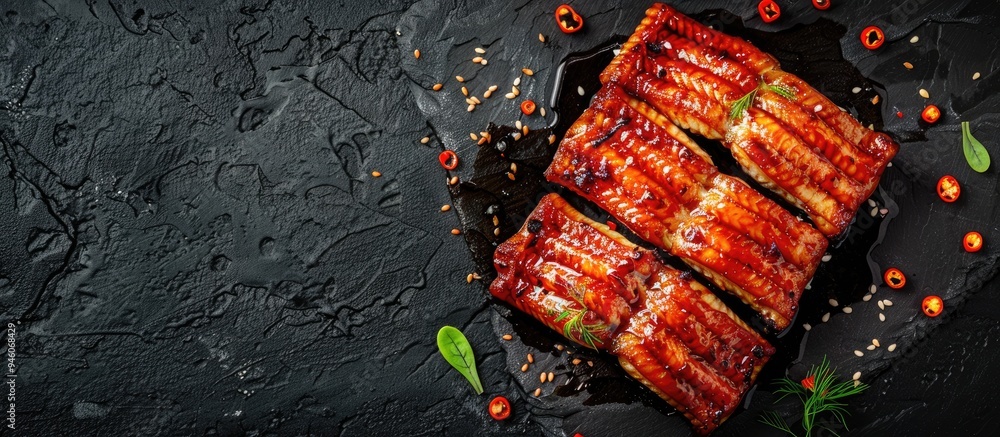 Poster frozen glazed grilled eel. copy space image. place for adding text and design