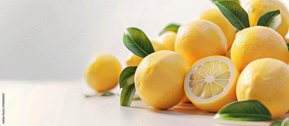 Poster a collection of fresh lemons on a white background. copy space image. place for adding text and desi