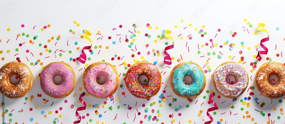 Poster rows of vibrant donuts topped with sprinkles and various fillings on a white background alongside co