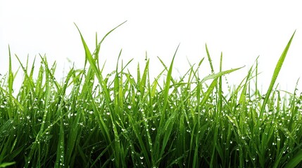 Obraz premium Fresh green grass with water droplets, symbolizing nature and renewal.
