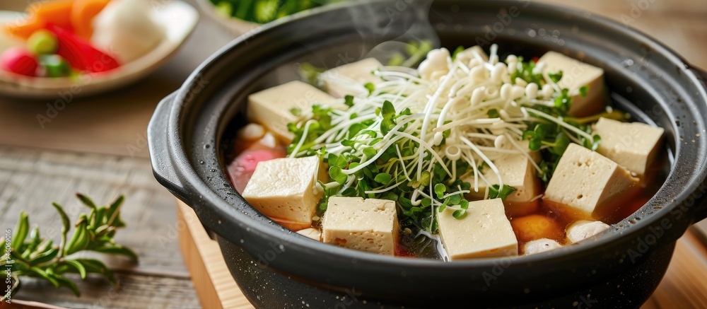 Poster japanese hot pot sardine fish balls and tofu topped with nutritious radish sprouts. copy space image