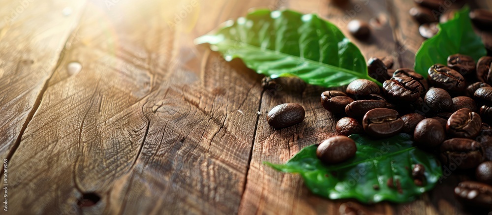 Poster fresh coffee beans with a leaf on a wooden table. copy space image. place for adding text and design