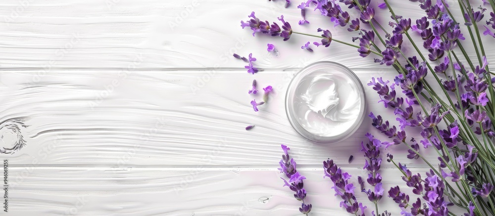 Poster cosmetic cream and lavender on a white wooden table background. copy space image. place for adding t