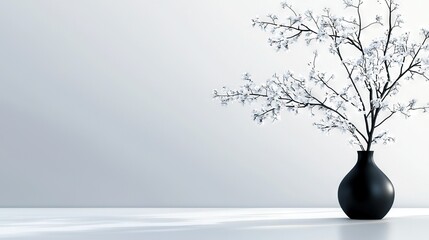   A black vase holding white flowers sits atop a white floor against a light gray wall backdrop