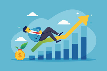 Easy money, passive income earn money while sleeping, get rich quick or success investment, earning from stock market, mutual fund or crypto concept, businessman sleep on bull market rising graph.

