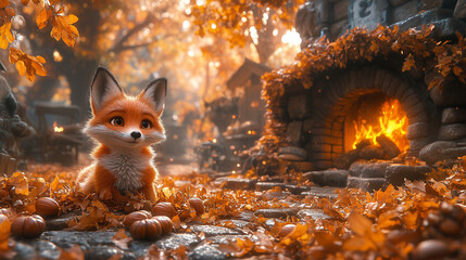 Cute fox sitting among pumpkins and fallen autumn leaves in front of a glowing stone fireplace, creating a warm, cozy, and whimsical woodland scene