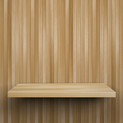 Vector realistic empty wooden shelf mockup. 3d Natural shelf front view on wooden planks wall background. Product display scene template. Abstract minimal scene, 3d interior for mock up, design.